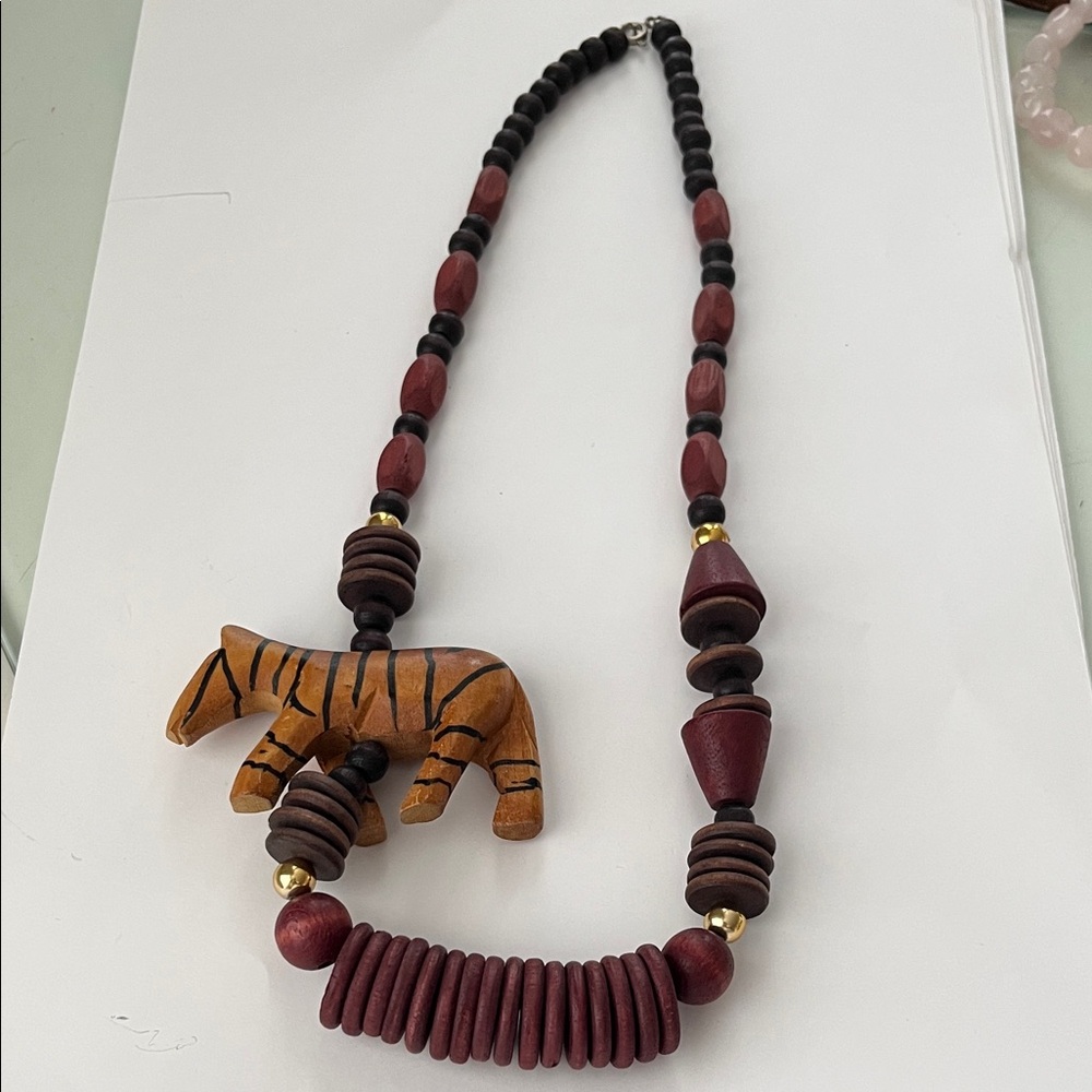 Wooden Beaded Necklace with Tiger Pendant - Picture 3 of 3